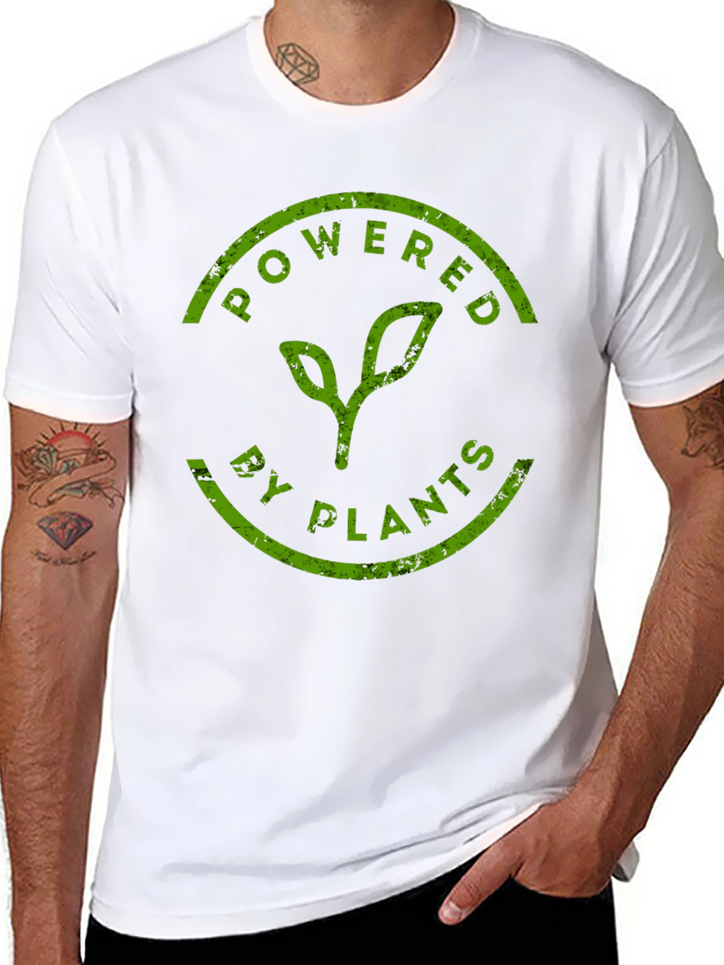 Powered By Plants T-Shirt - Green Print Black Tee