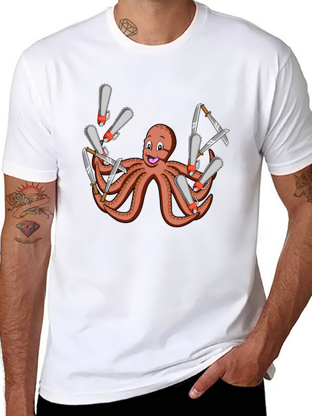 Octopus Chainsaw & Knife T-Shirt - Mens Black Tee