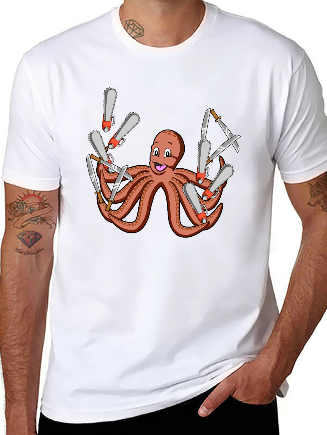 Octopus Chainsaw & Knife T-Shirt - Mens Black Tee