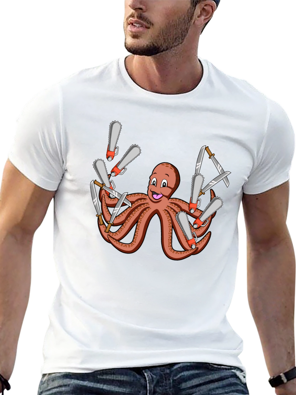 Octopus Chainsaw & Knife T-Shirt - Mens Black Tee