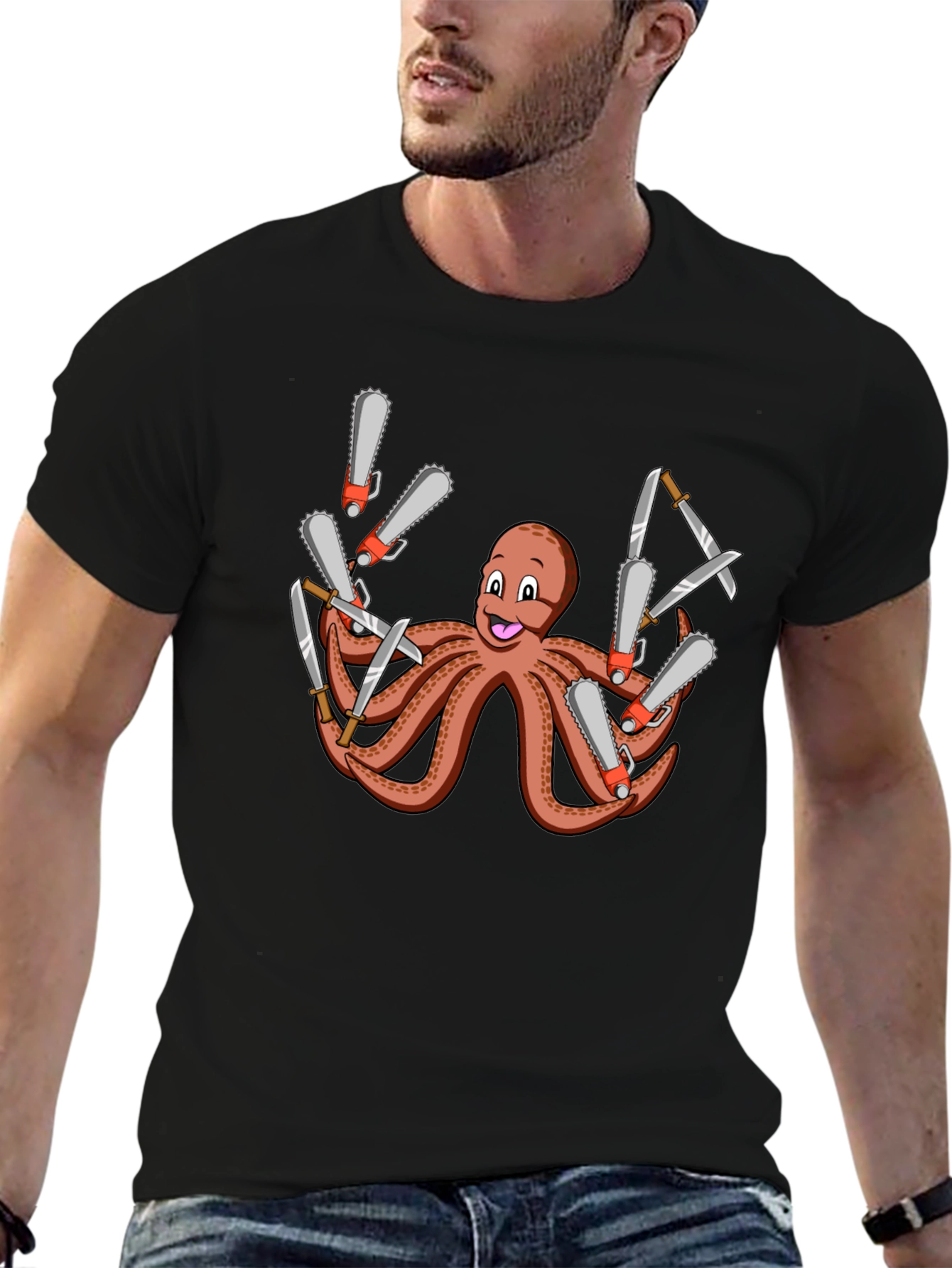 Octopus Chainsaw & Knife T-Shirt - Mens Black Tee