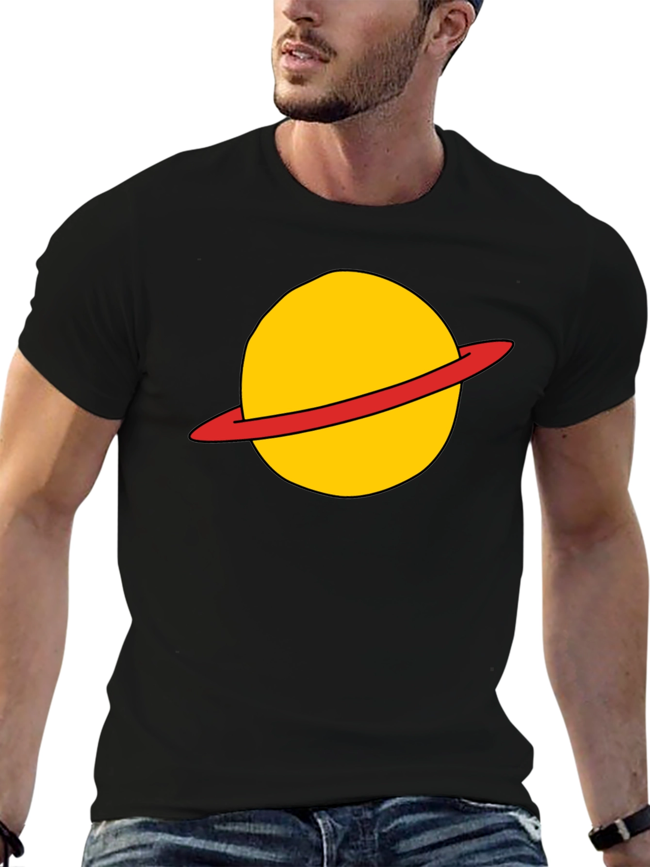 Saturn Planet Graphic Tee - Casual Black T-Shirt