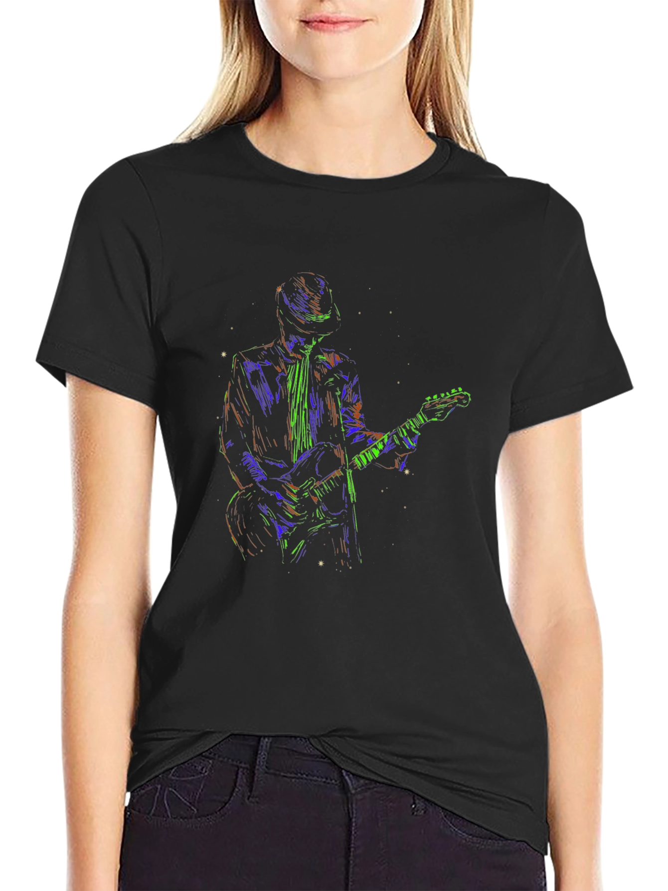 Vibrant Guitarist Graphic T-Shirt - Black