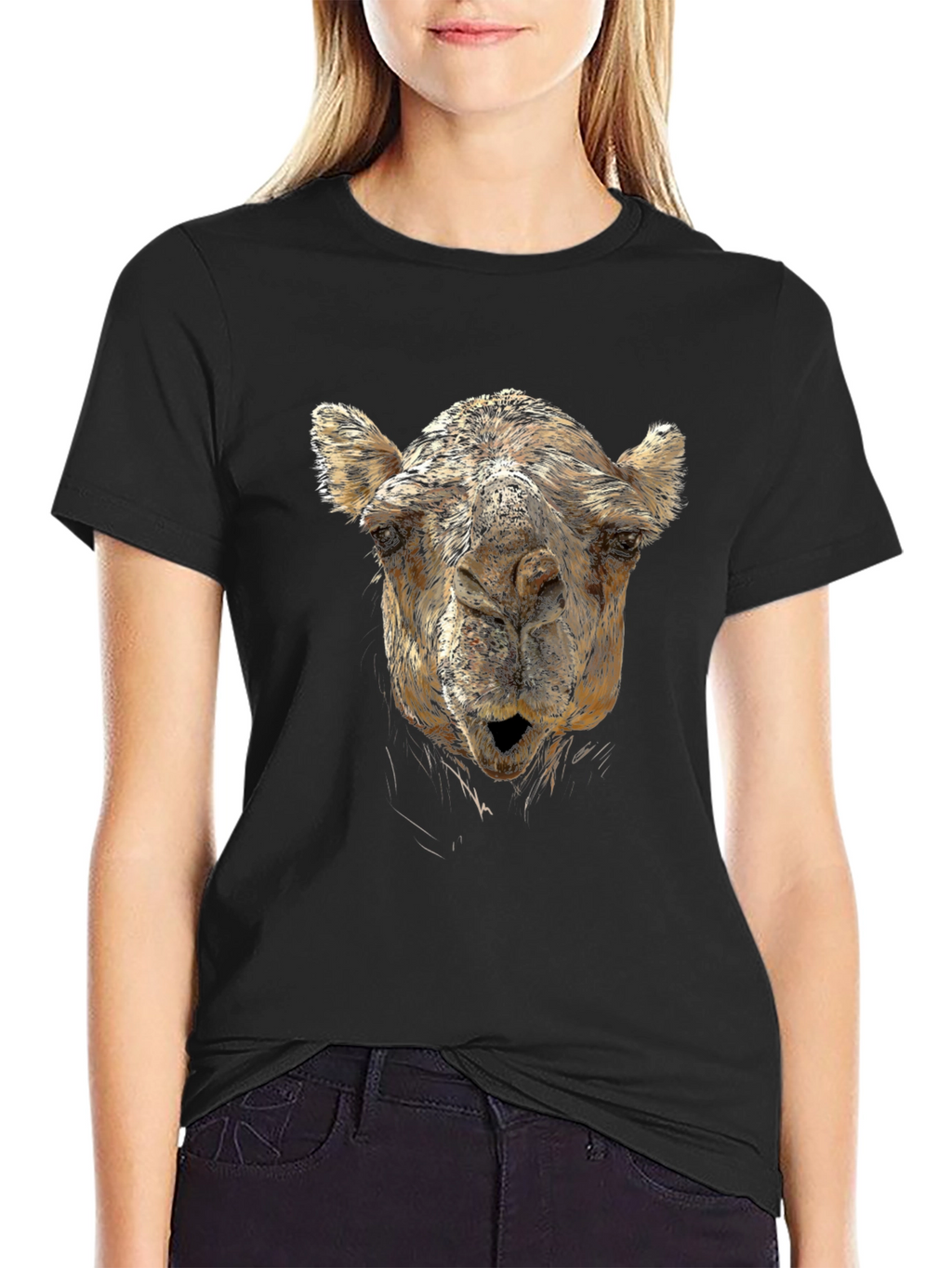 Camel Face Graphic Print Black T-Shirt