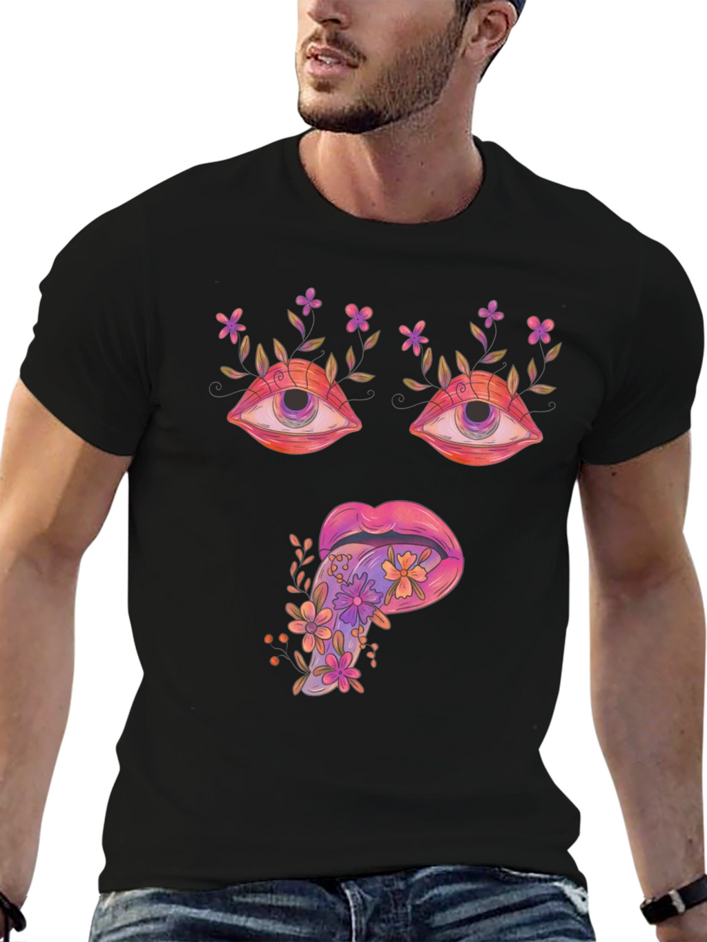 Psychedelic Eyes & Tongue Graphic T-Shirt - Black