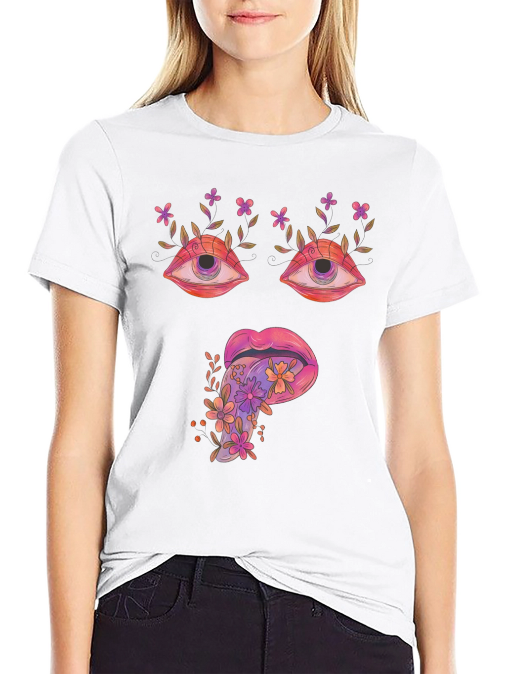 Psychedelic Eyes & Tongue Graphic T-Shirt - Black