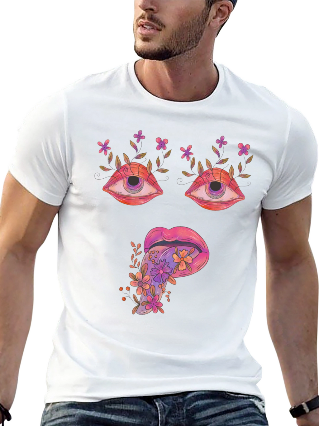 Psychedelic Eyes & Tongue Graphic T-Shirt - Black