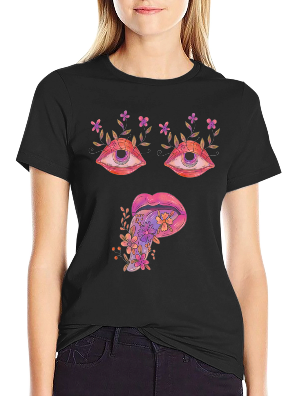 Psychedelic Eyes & Tongue Graphic T-Shirt - Black