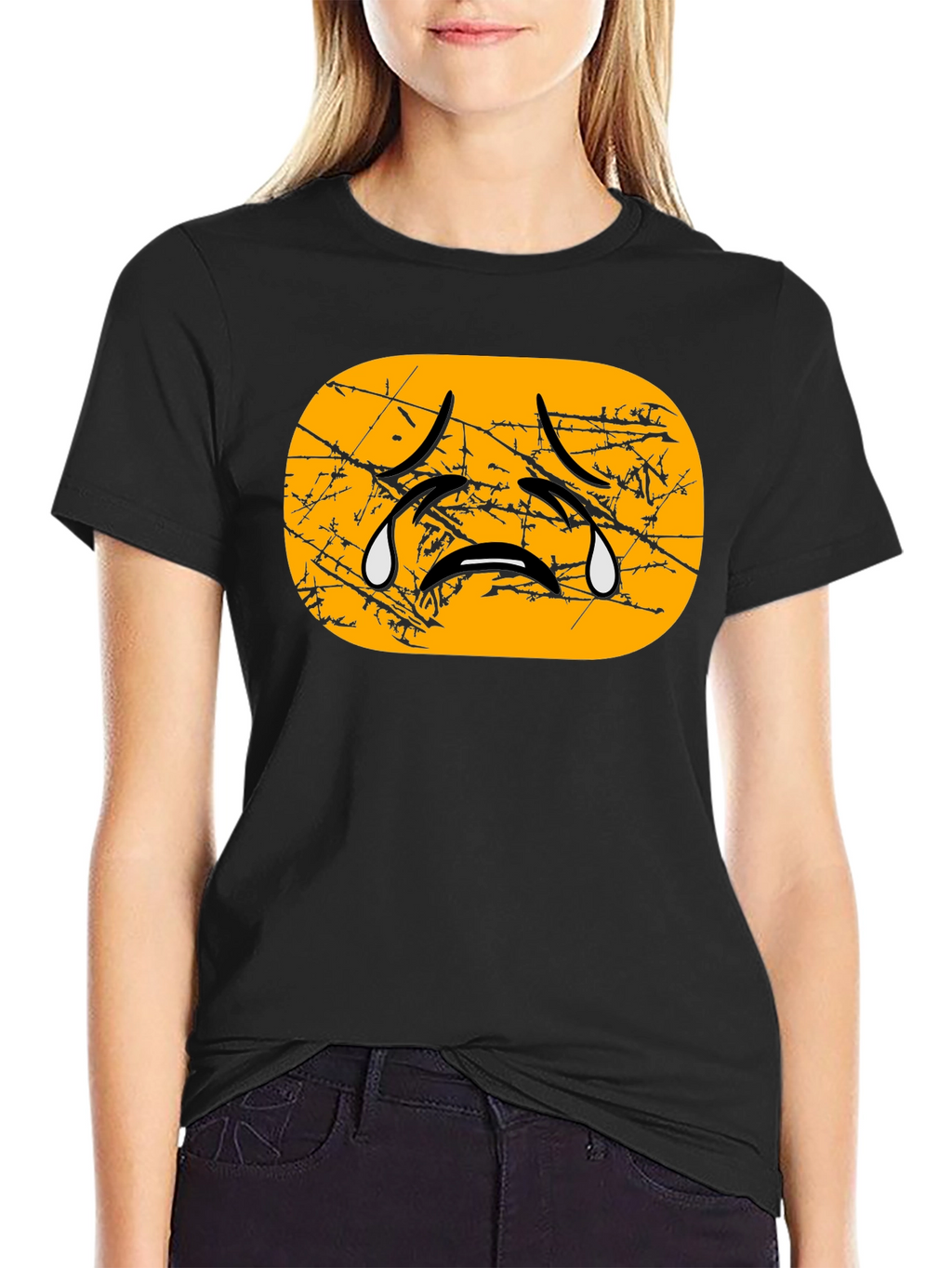 Distressed Crying Emoji T-Shirt - Black