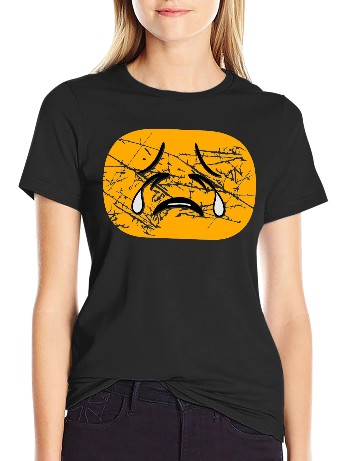 Distressed Crying Emoji T-Shirt - Black