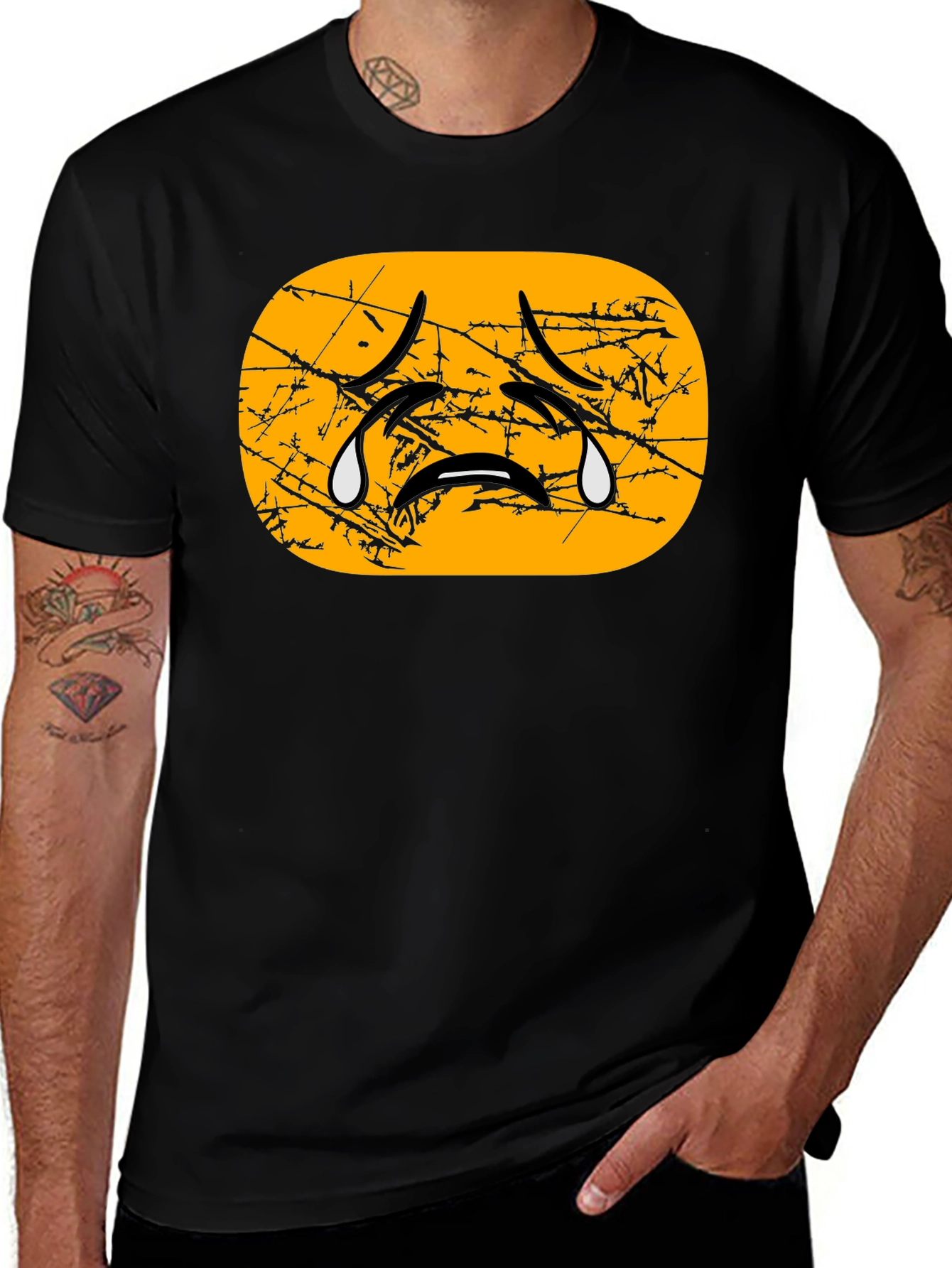 Distressed Crying Emoji T-Shirt - Black