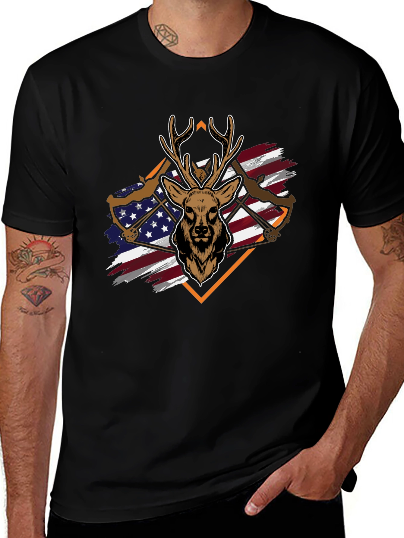 Deer Hunting Bow USA Flag Graphic T-Shirt