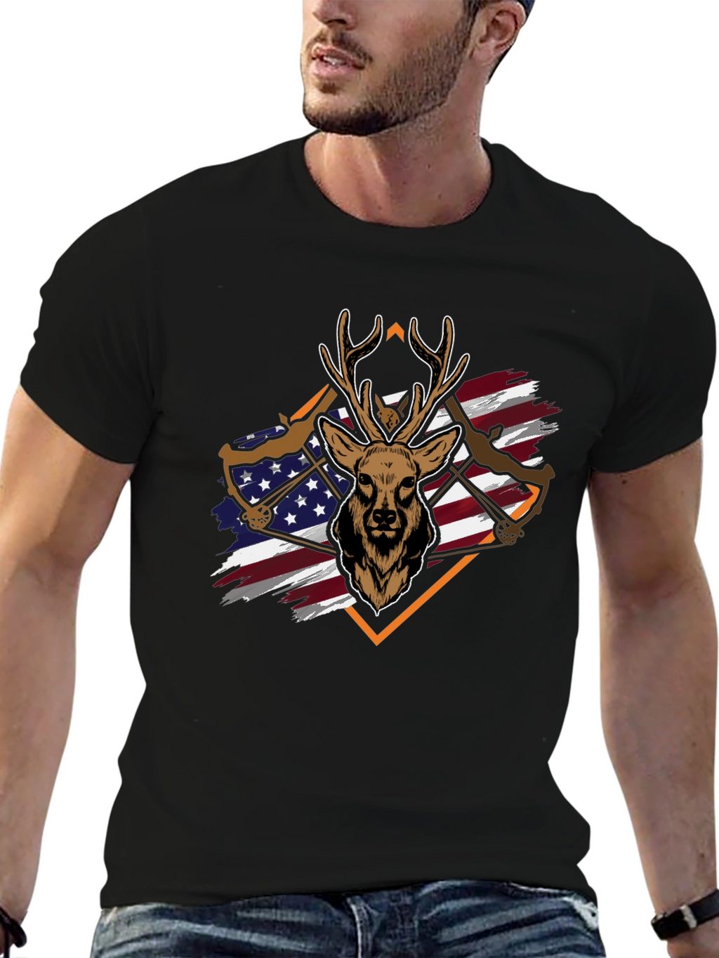 Deer Hunting Bow USA Flag Graphic T-Shirt