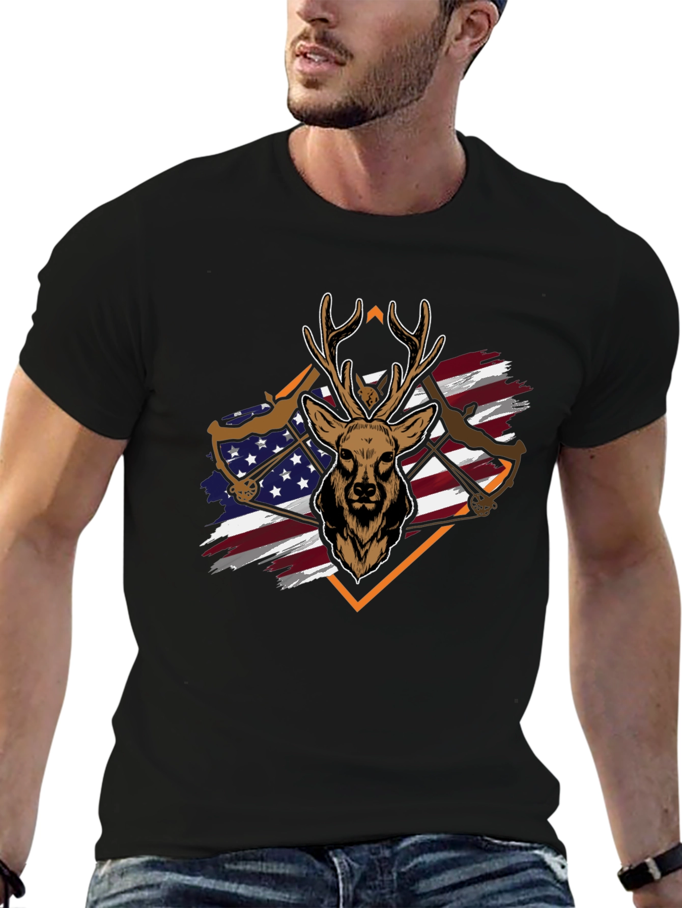 Deer Hunting Bow USA Flag Graphic T-Shirt