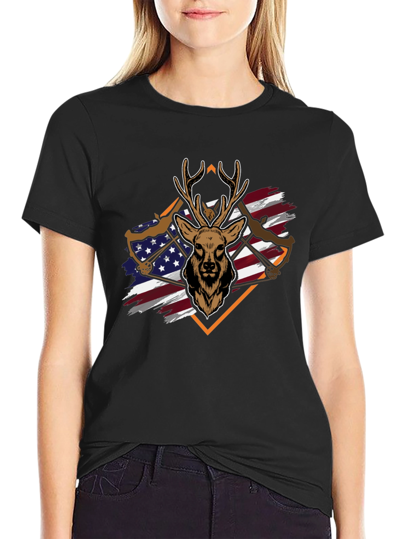 Deer Hunting Bow USA Flag Graphic T-Shirt