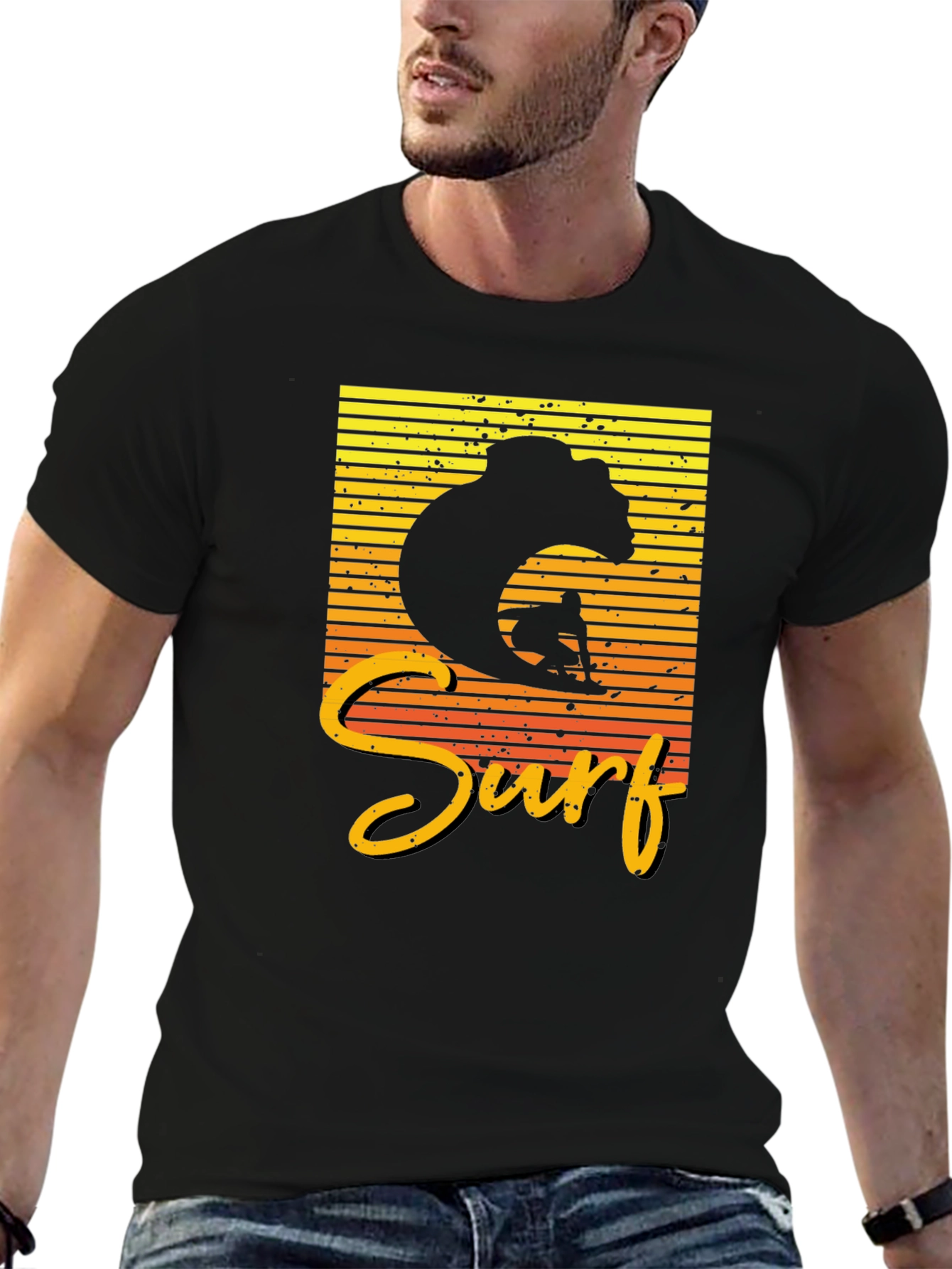 Surf Bear Graphic Tee - Black Cotton T-Shirt