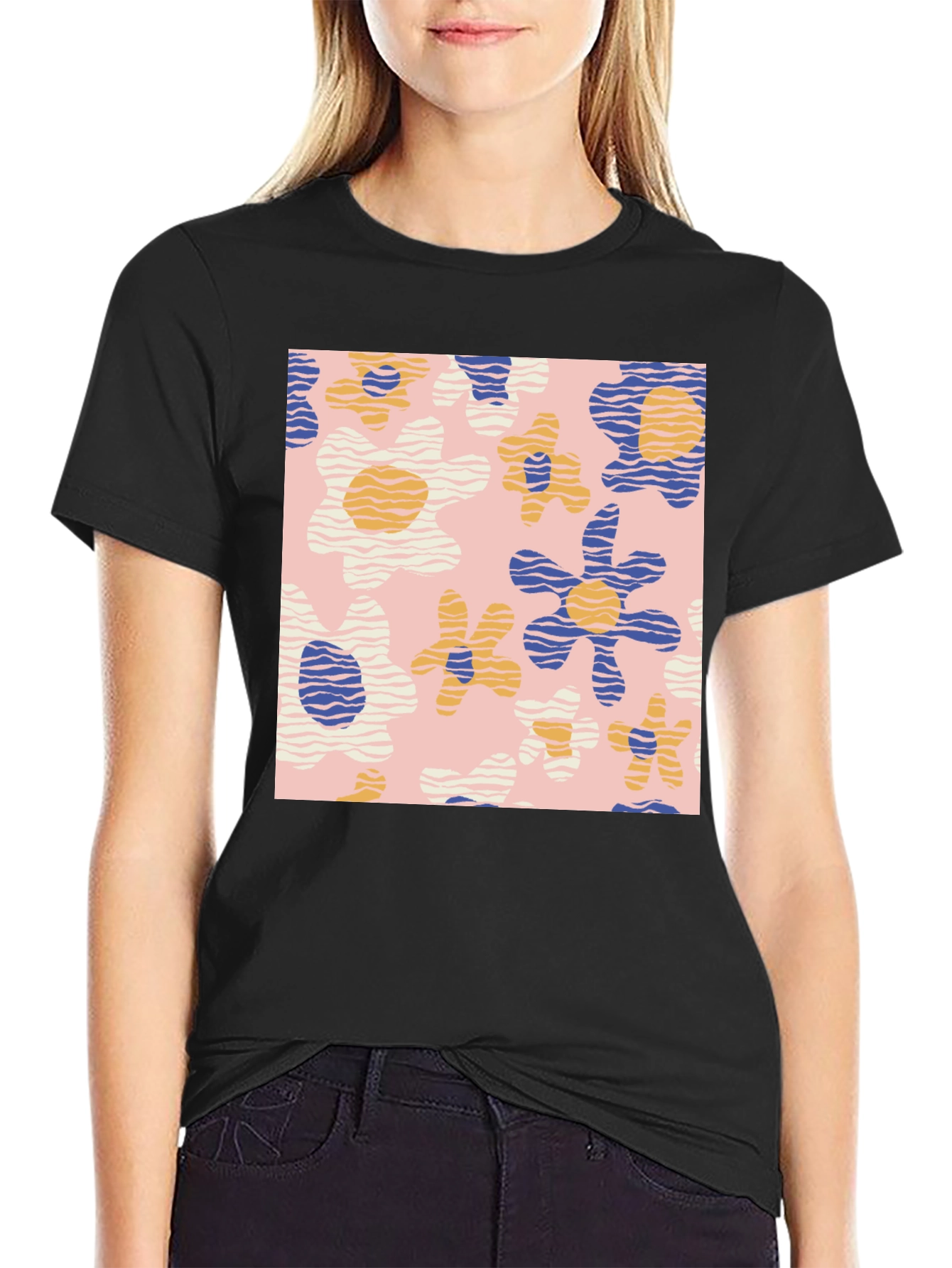 Retro Floral Print Black T-Shirt
