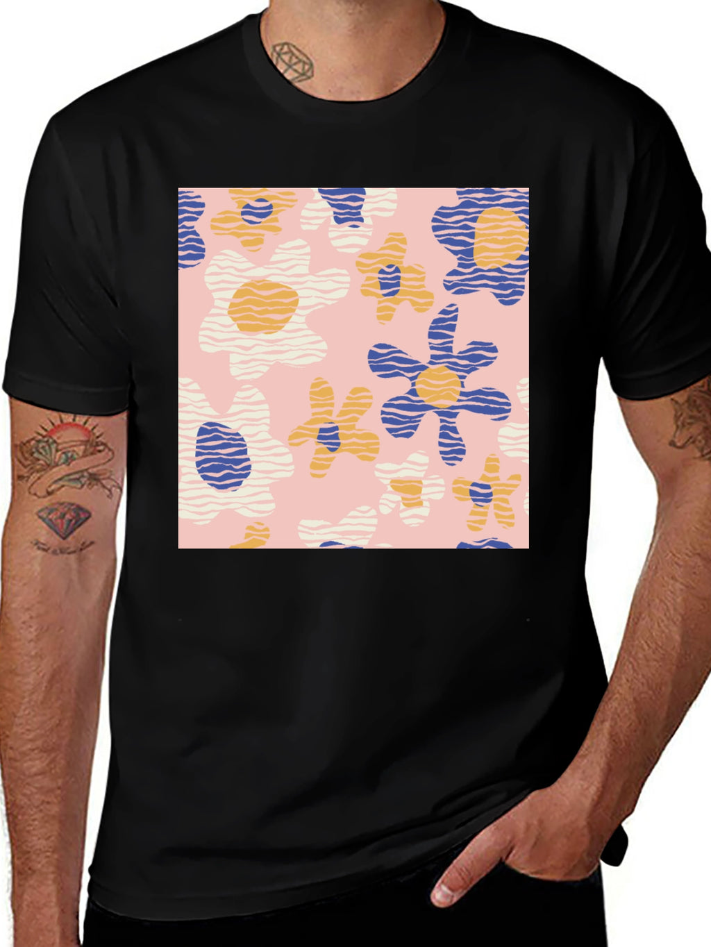 Retro Floral Print Black T-Shirt