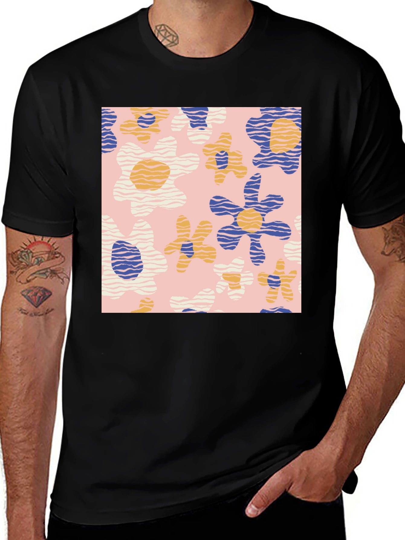 Retro Floral Print Black T-Shirt