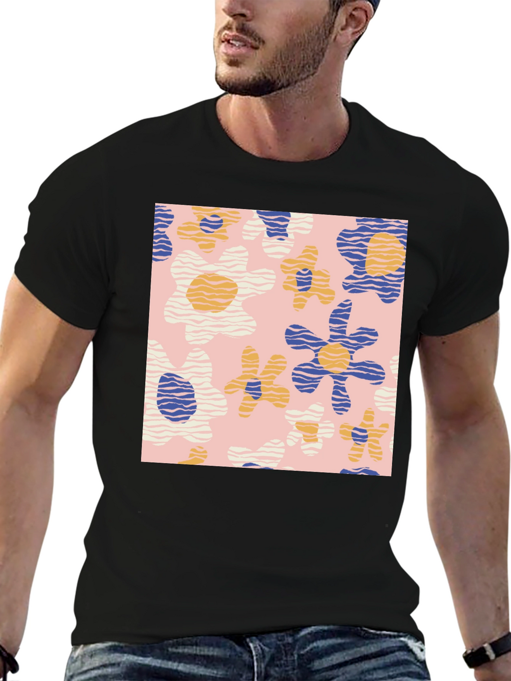 Retro Floral Print Black T-Shirt