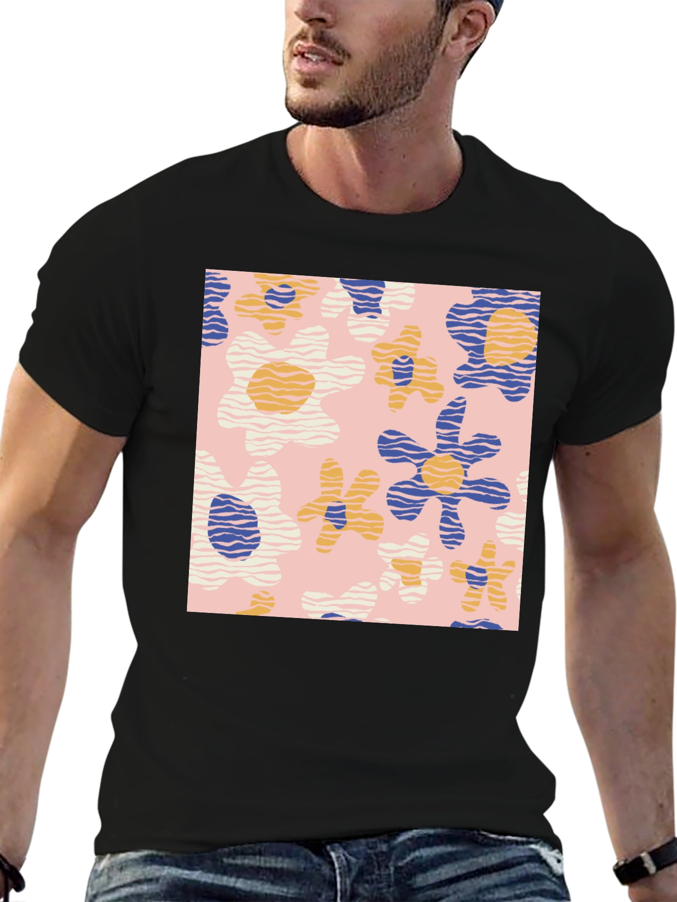 Retro Floral Print Black T-Shirt