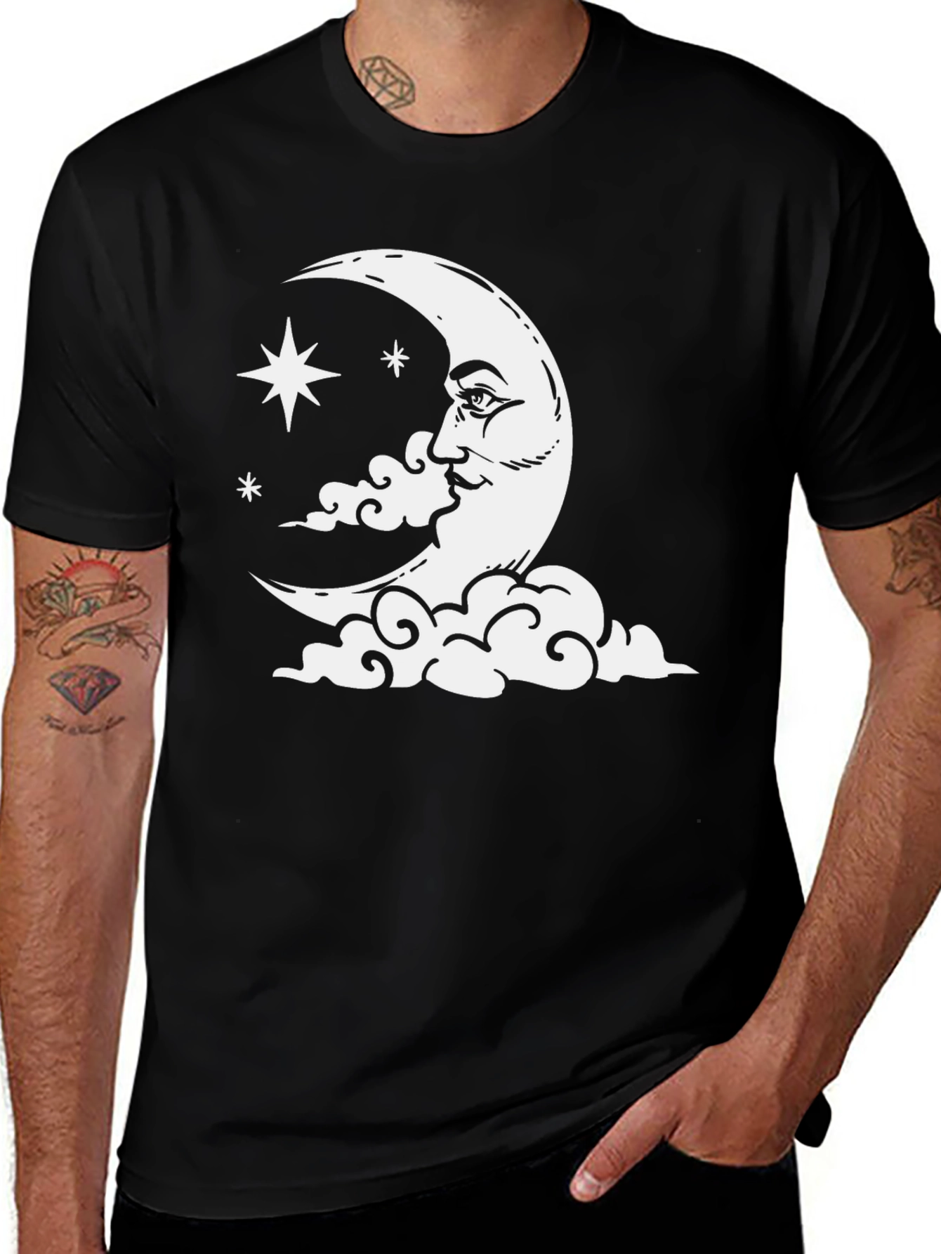 Celestial Moon & Stars Graphic Tee - Black