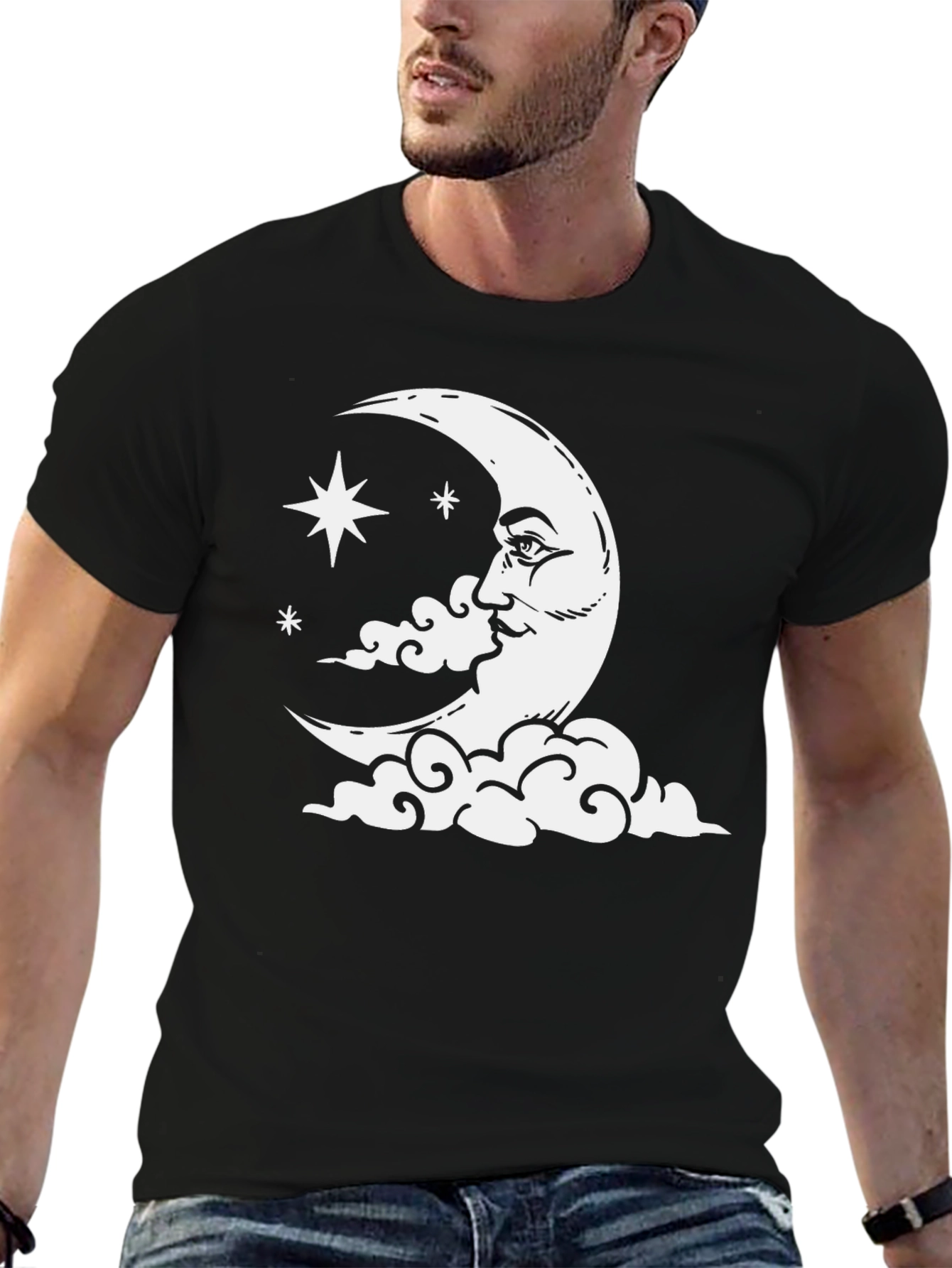 Celestial Moon & Stars Graphic Tee - Black