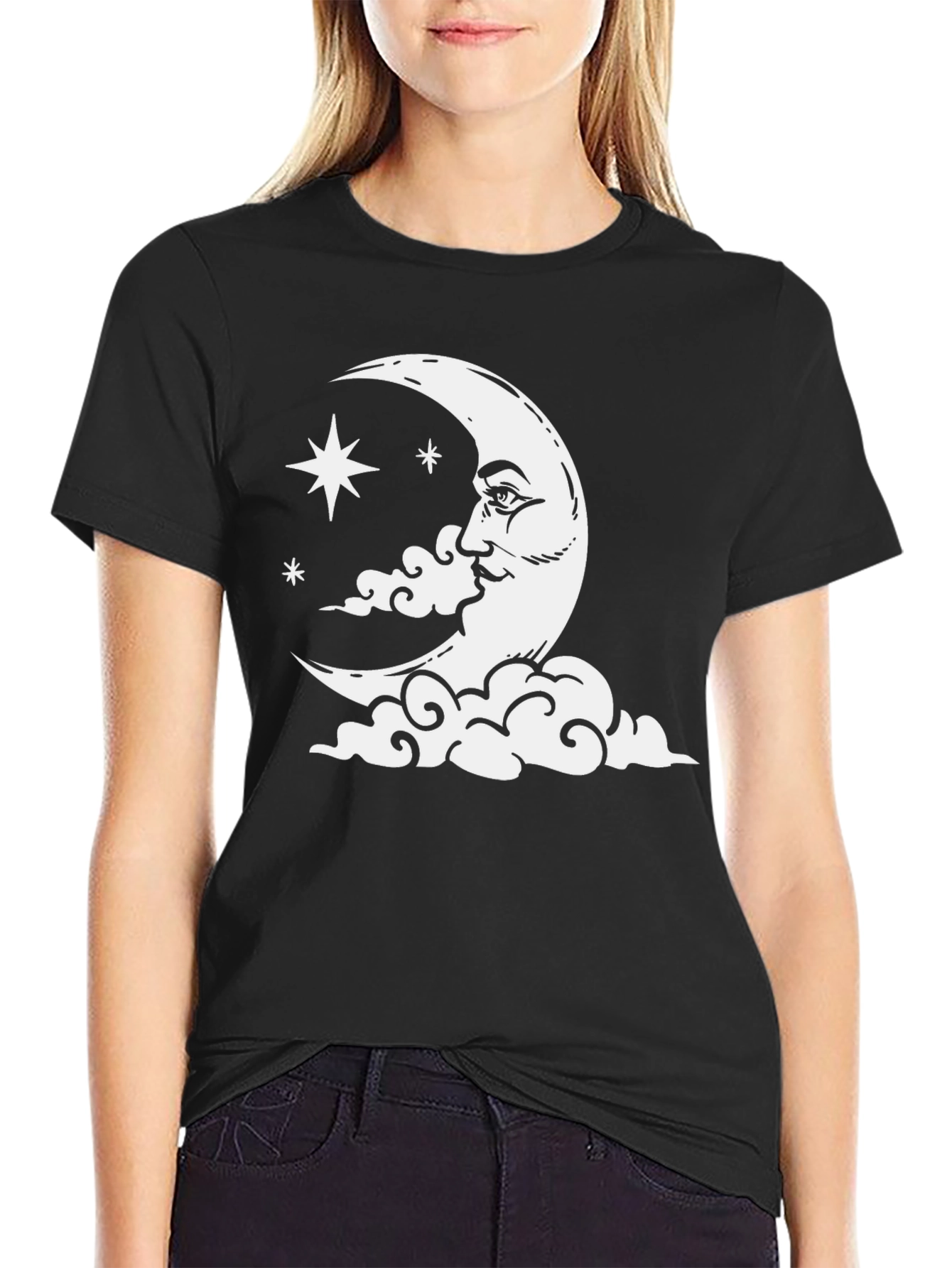 Celestial Moon & Stars Graphic Tee - Black