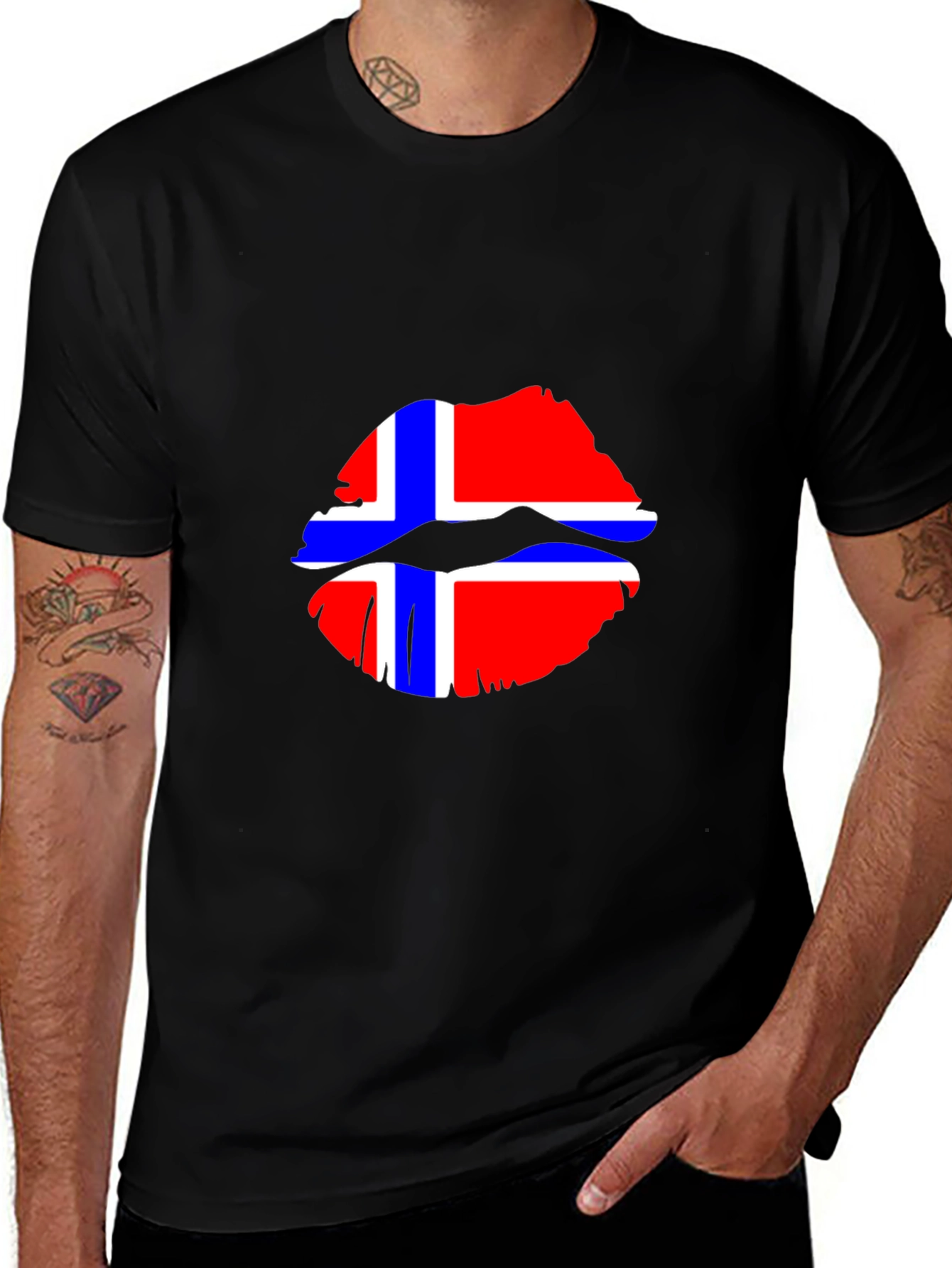 Norway Flag Lips Graphic Tee - Black