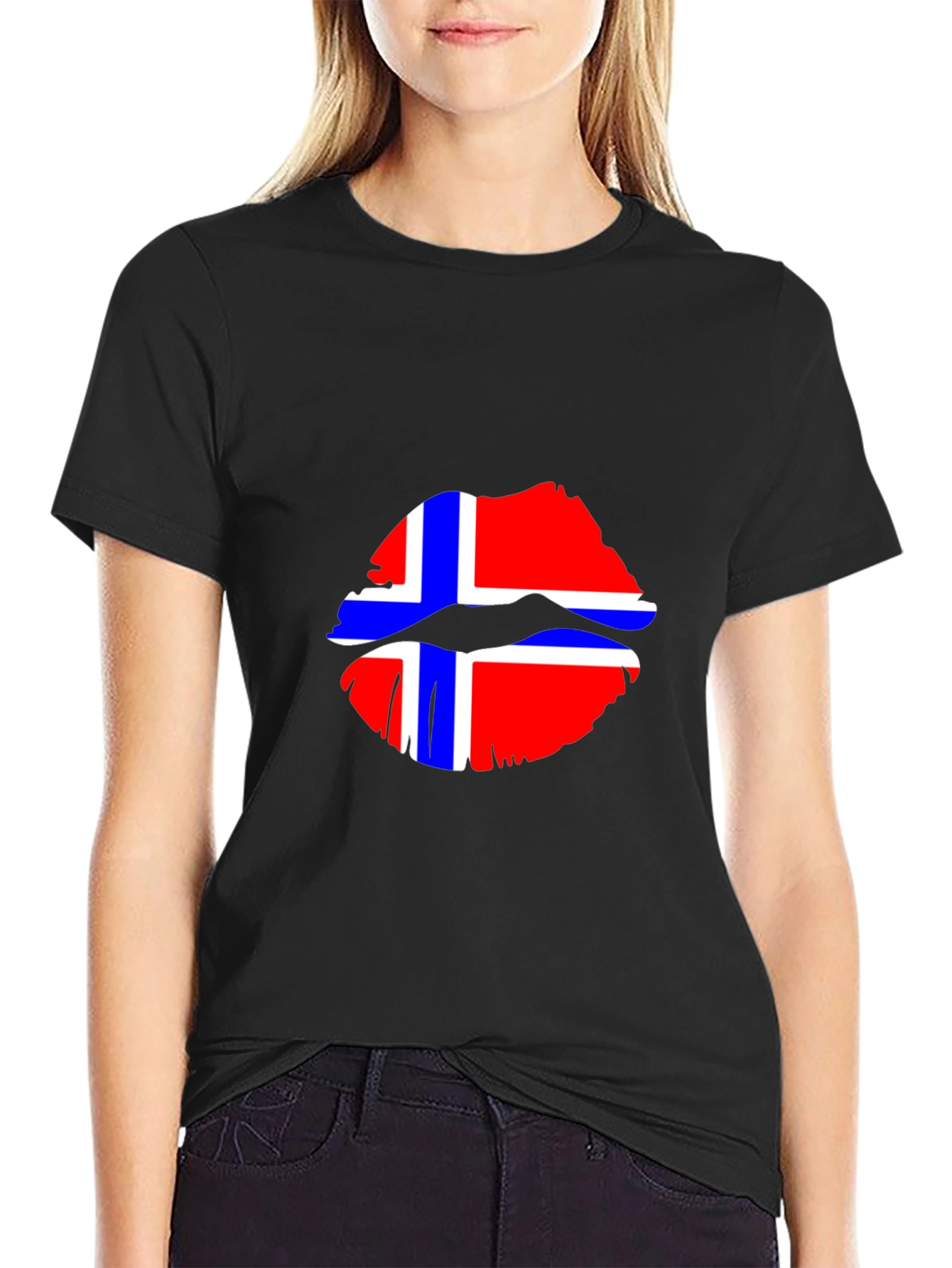 Norway Flag Lips Graphic Tee - Black