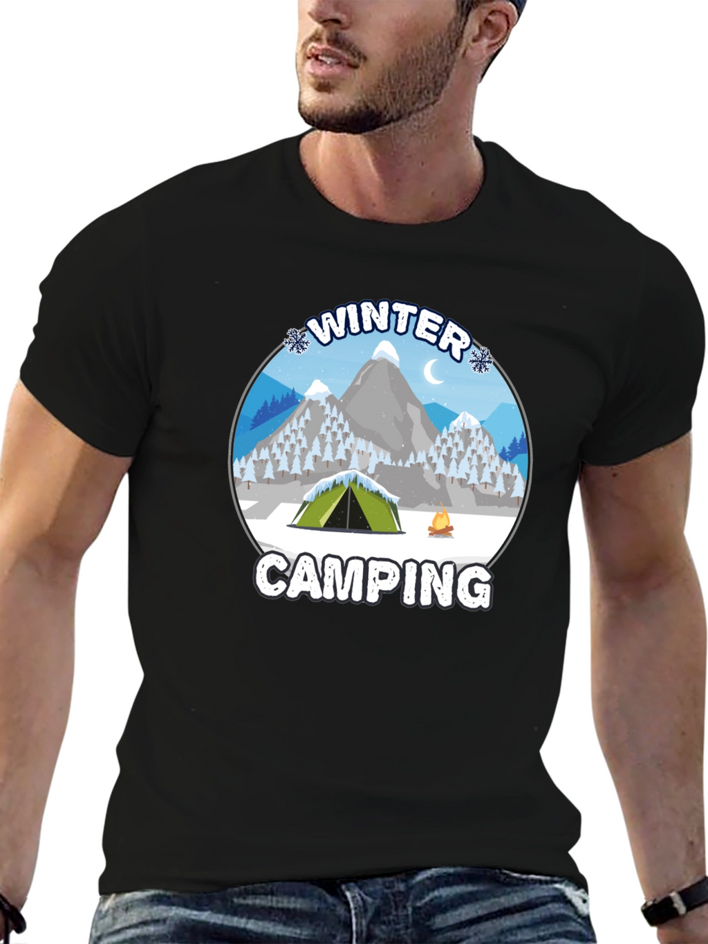 Winter Camping Graphic Tee - Black Cotton T-Shirt