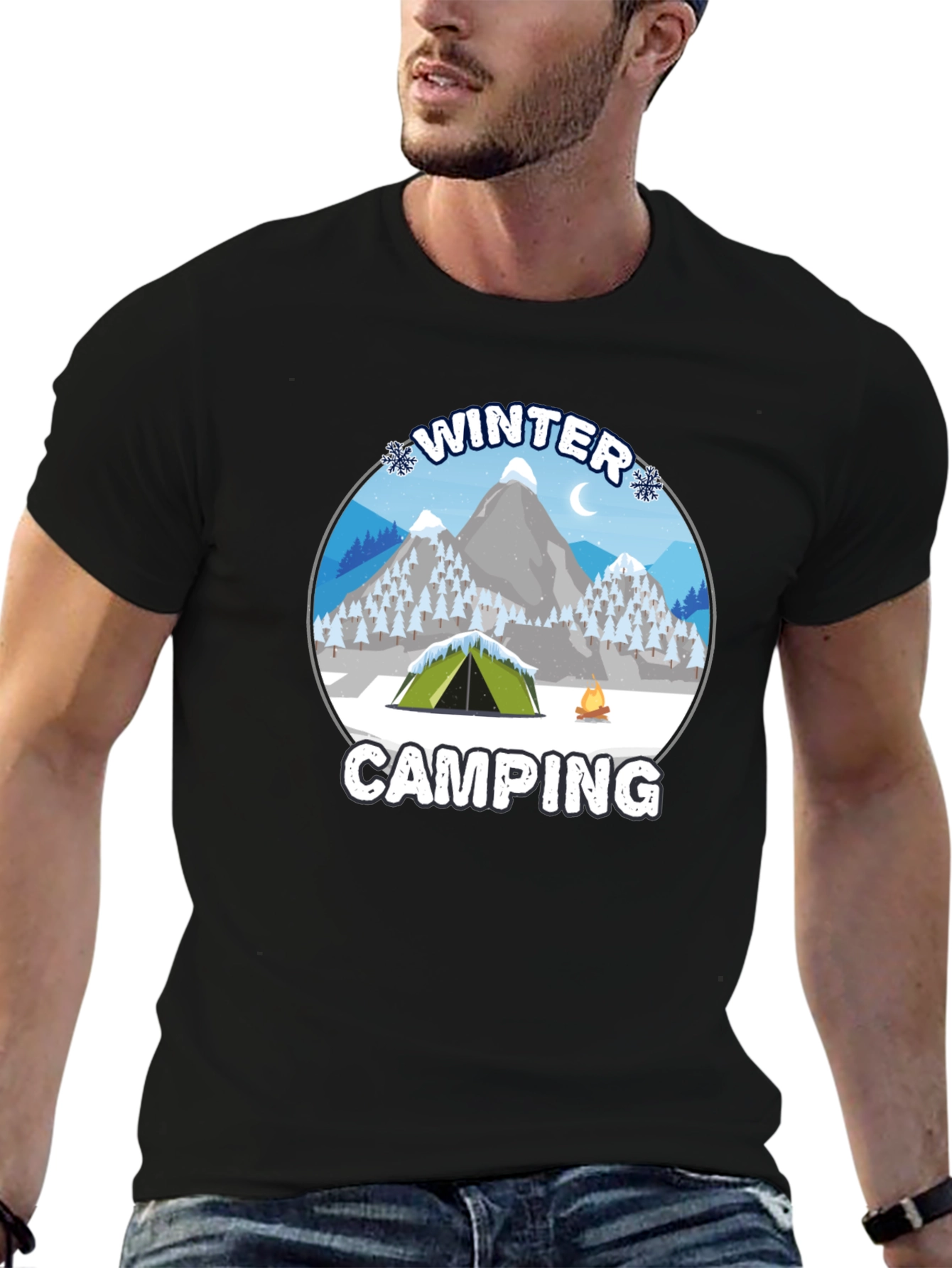 Winter Camping Graphic Tee - Black Cotton T-Shirt