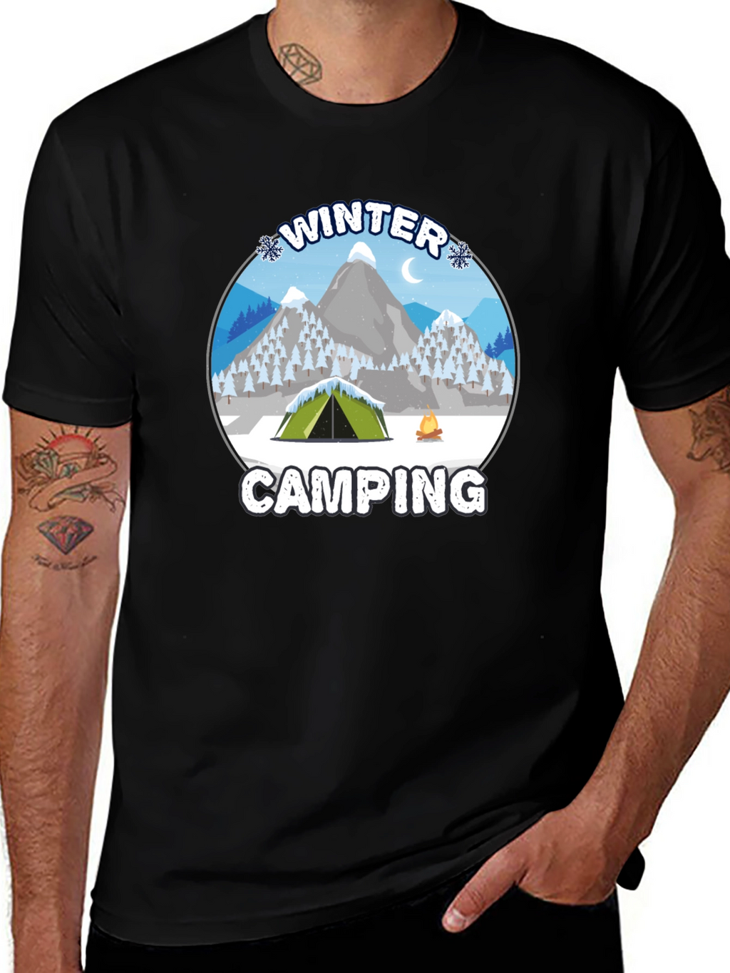 Winter Camping Graphic Tee - Black Cotton T-Shirt