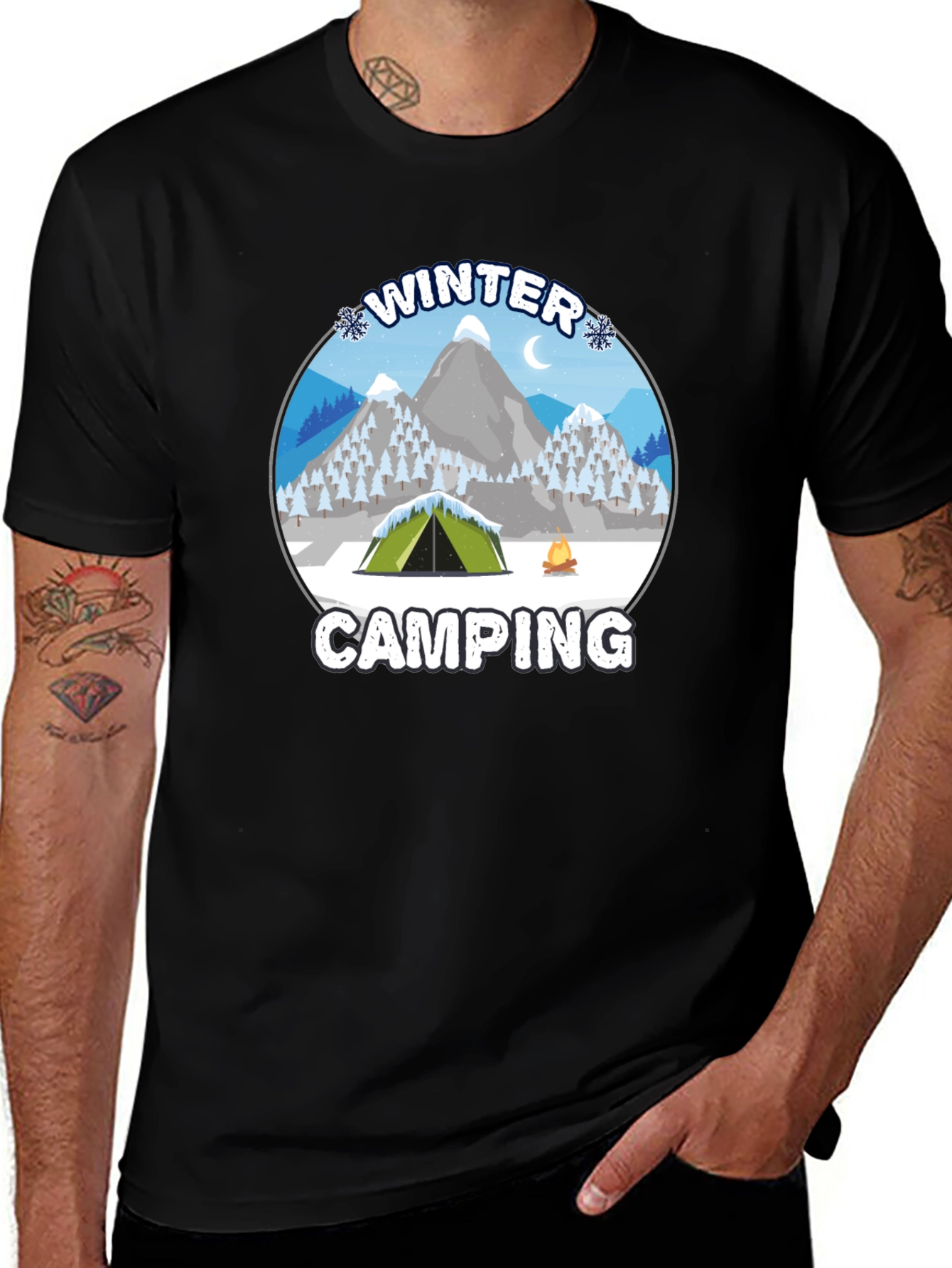 Winter Camping Graphic Tee - Black Cotton T-Shirt