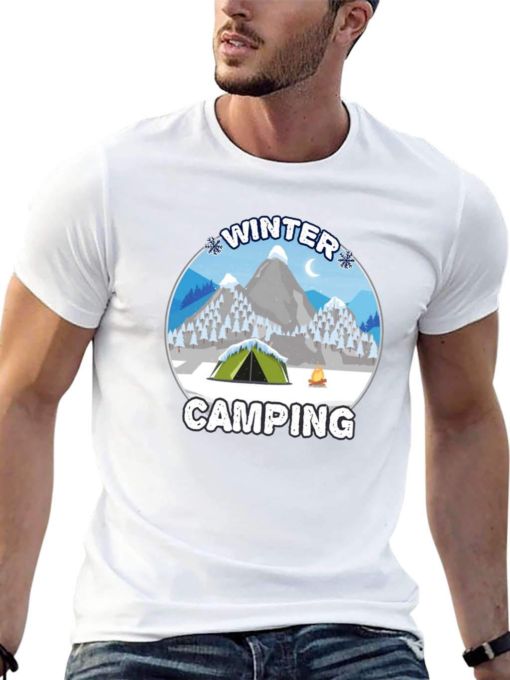 Winter Camping Graphic Tee - Black Cotton T-Shirt
