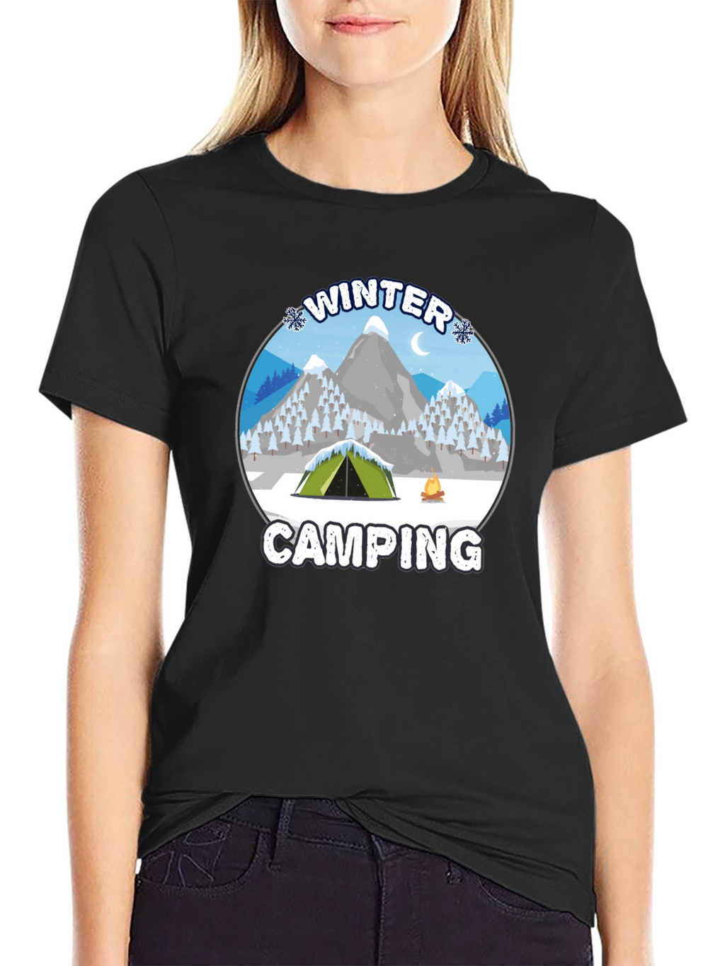 Winter Camping Graphic Tee - Black Cotton T-Shirt