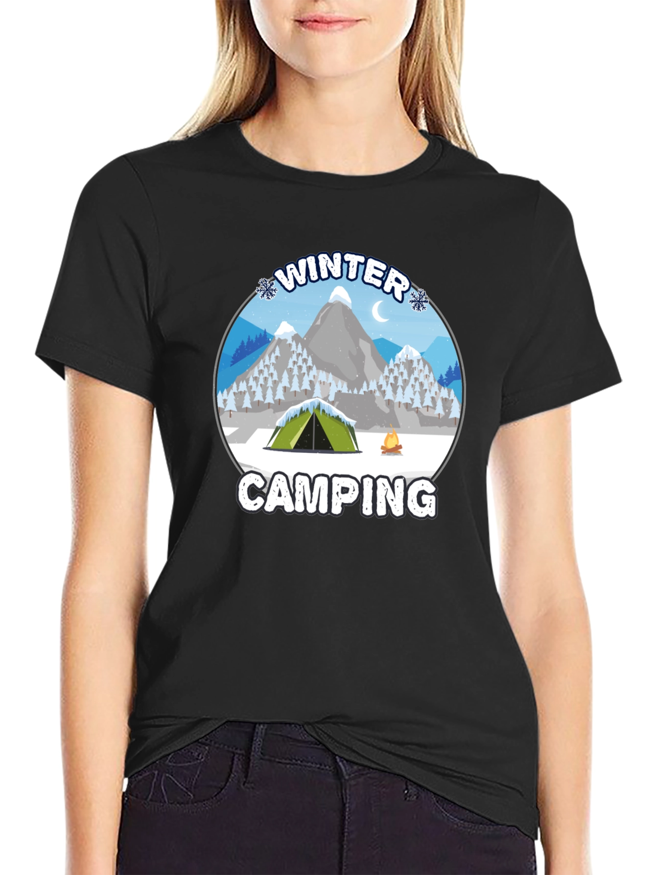 Winter Camping Graphic Tee - Black Cotton T-Shirt
