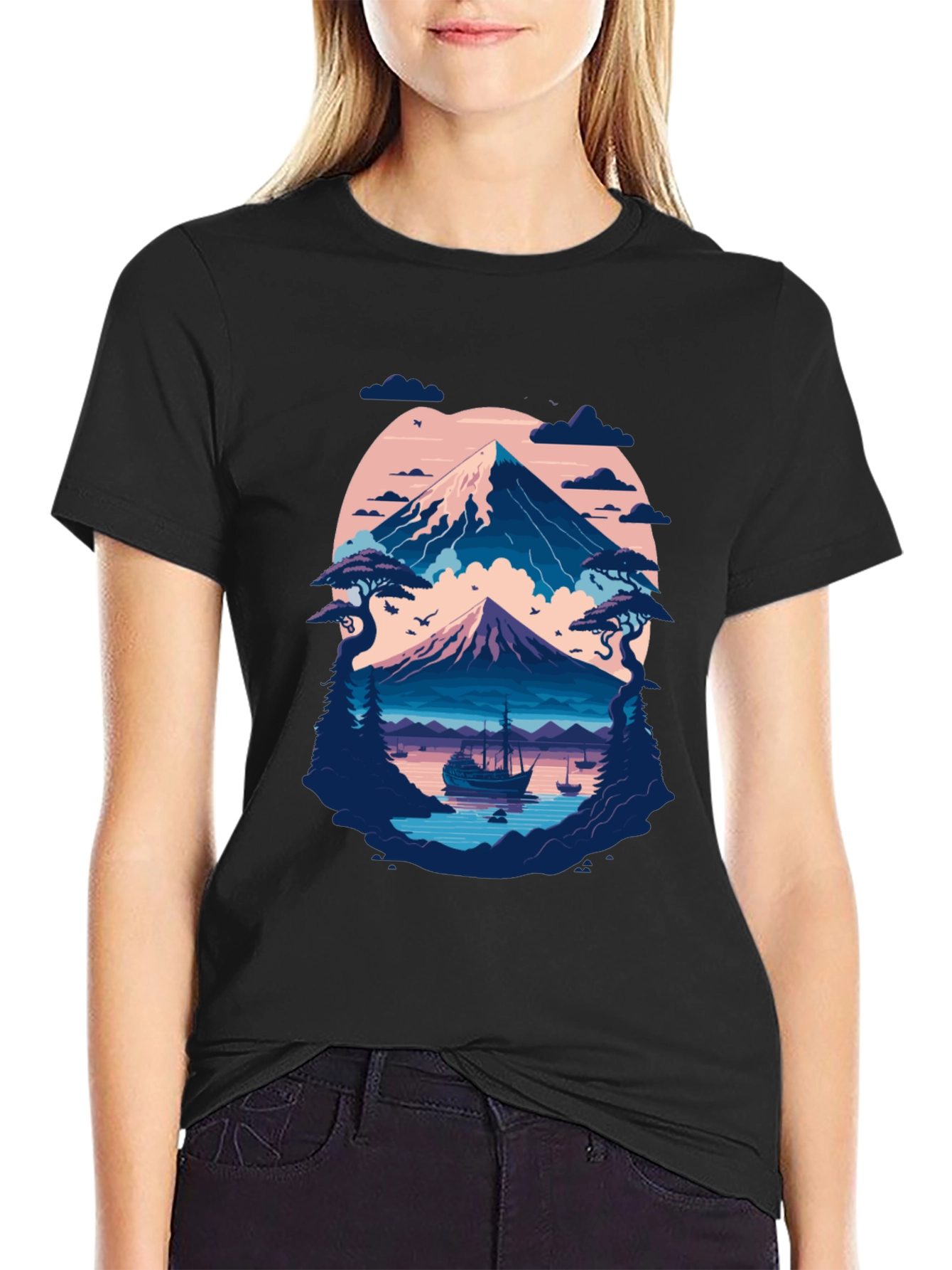 Mountain Lake Graphic Tee - Black Cotton