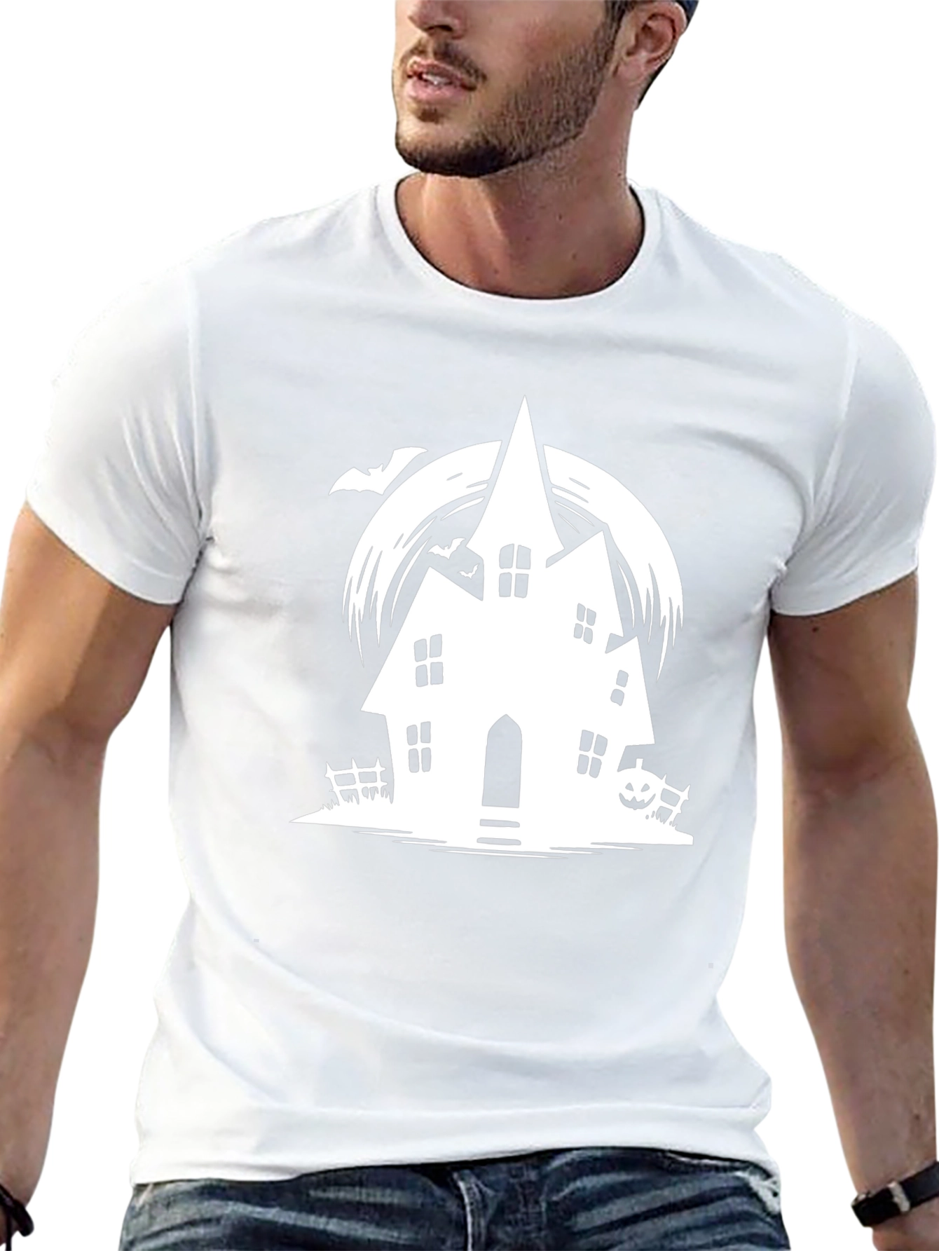 Spooky Halloween Haunted House Graphic Tee - Black