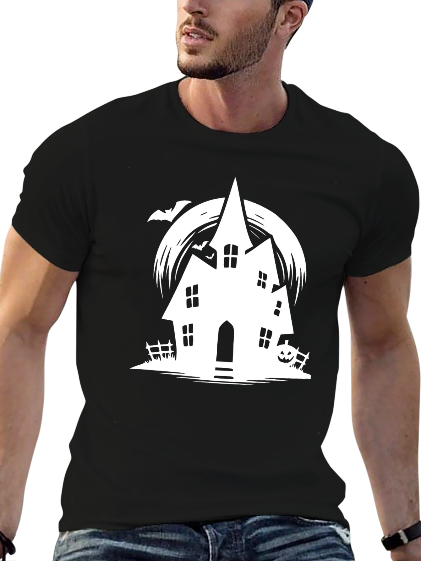 Spooky Halloween Haunted House Graphic Tee - Black
