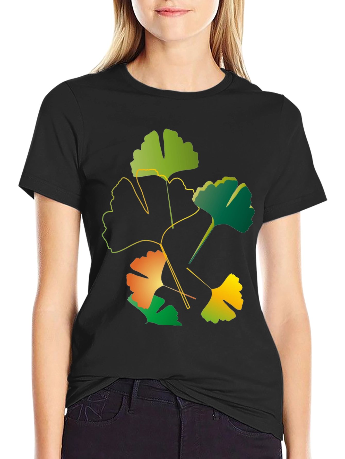 Ginkgo Leaf Graphic Black T-Shirt