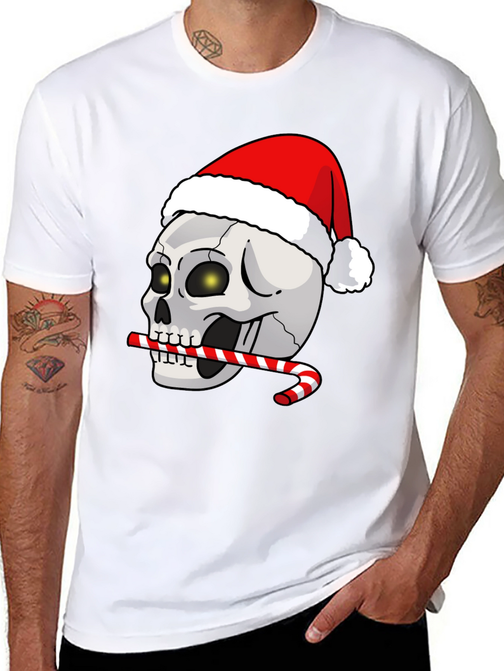 Festive Skull T-Shirt: Santa Hat & Candy Cane