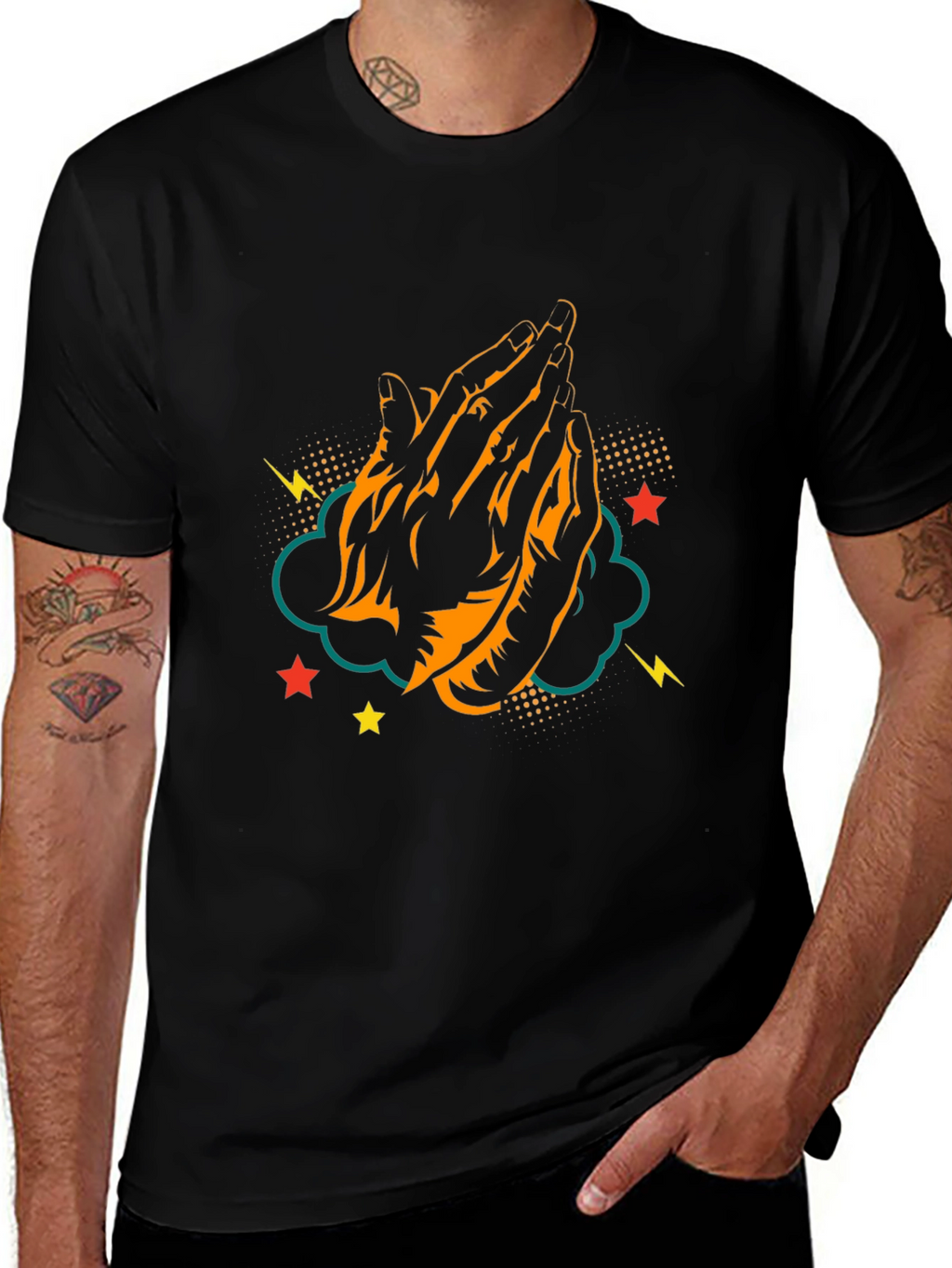 Praying Hands Graphic Tee - Black Cotton T-Shirt