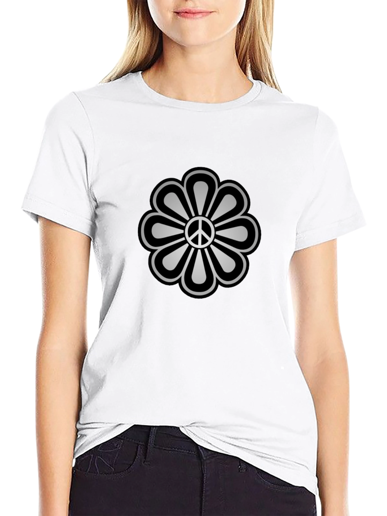 Peace Flower Graphic Tee - Black Cotton Blend