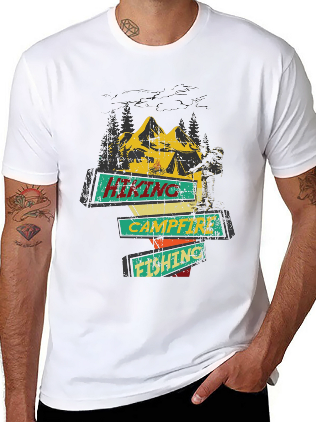 Hiking Campfire Fishing Graphic Tee