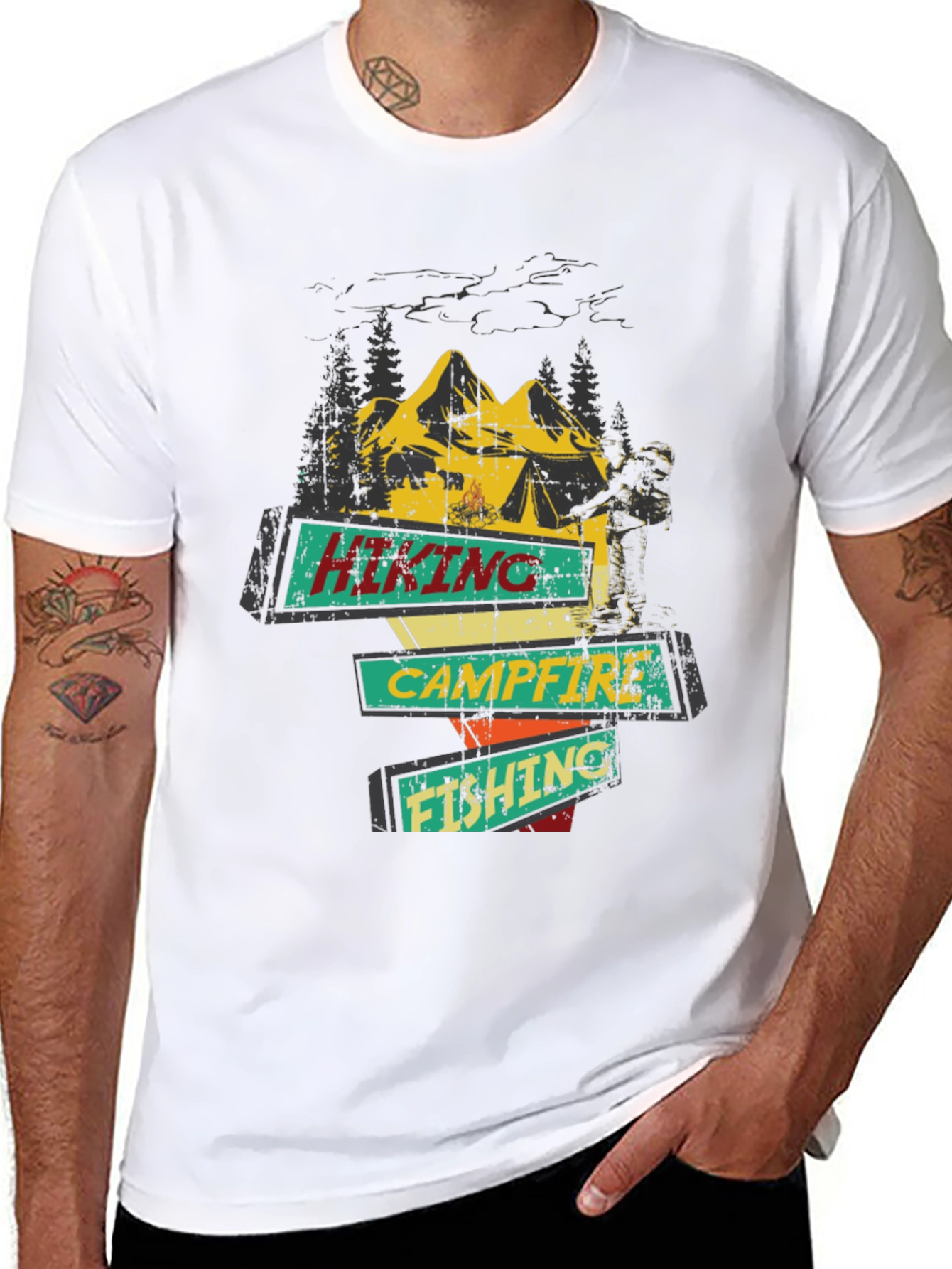 Hiking Campfire Fishing Graphic Tee
