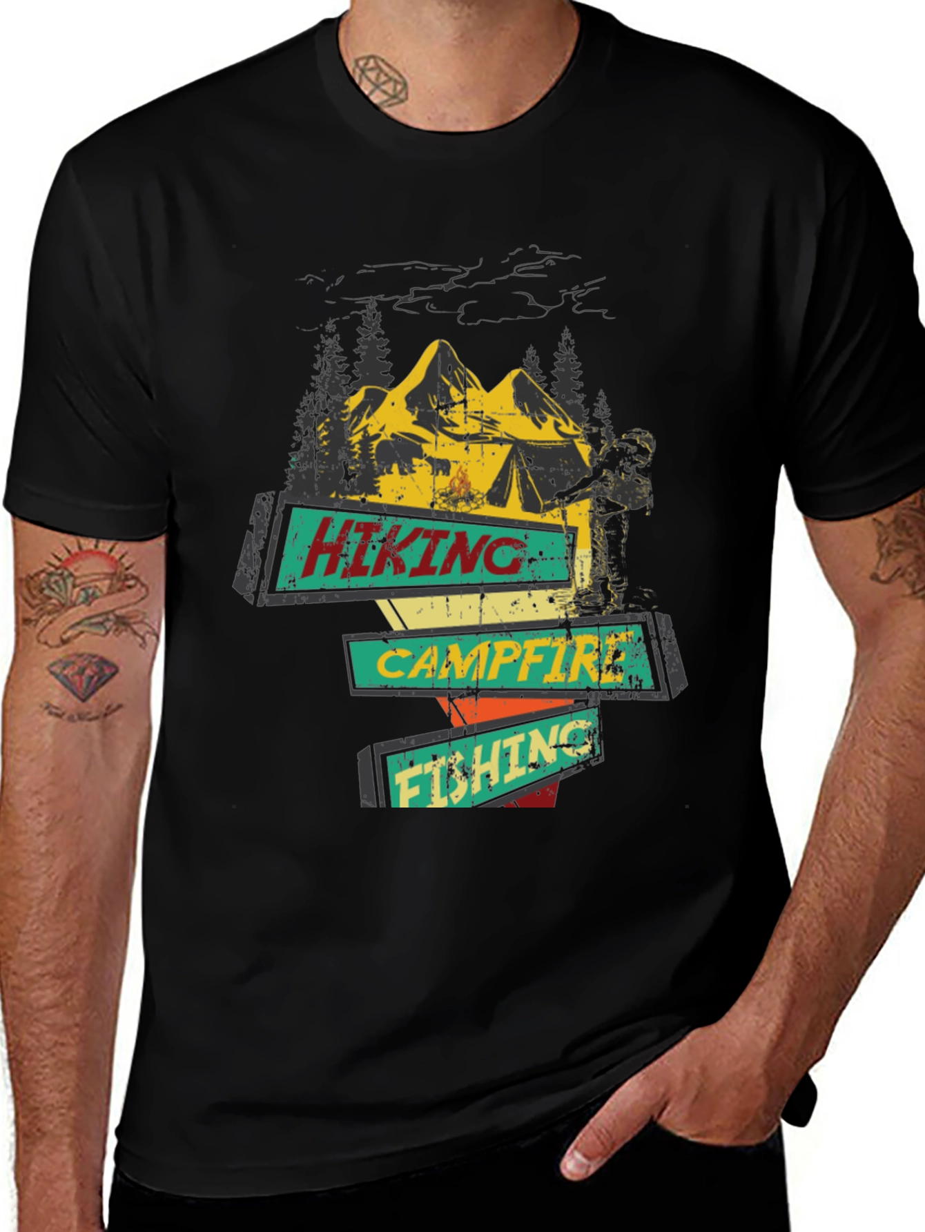 Hiking Campfire Fishing Graphic Tee