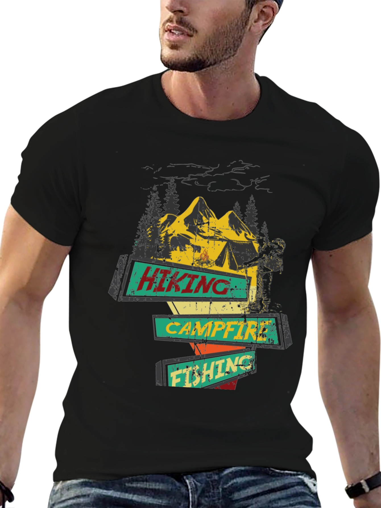 Hiking Campfire Fishing Graphic Tee