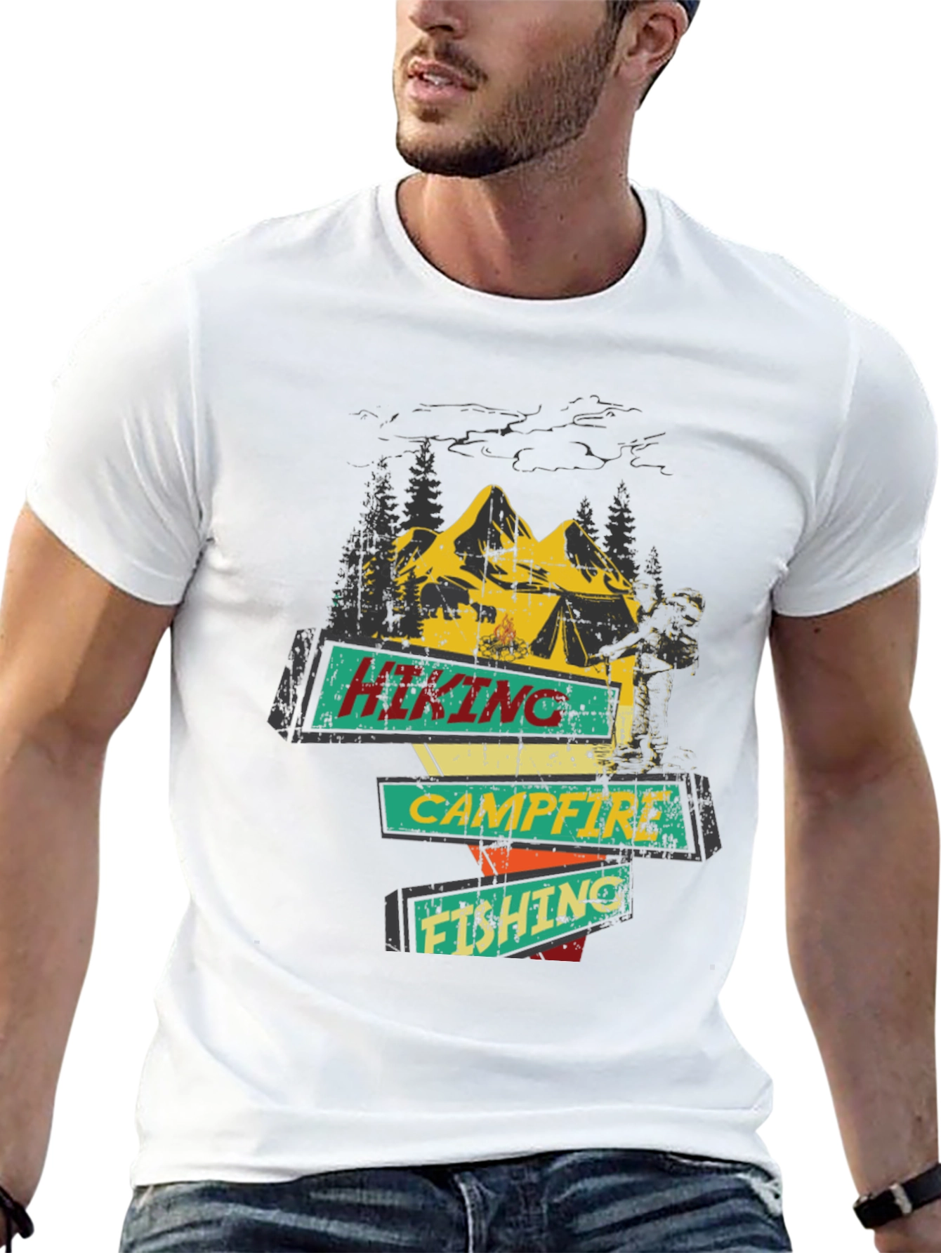 Hiking Campfire Fishing Graphic Tee