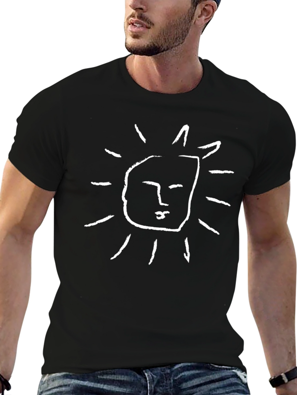 Abstract Sun Face Graphic Black T-Shirt